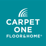 Carpet One's square box logo in teal